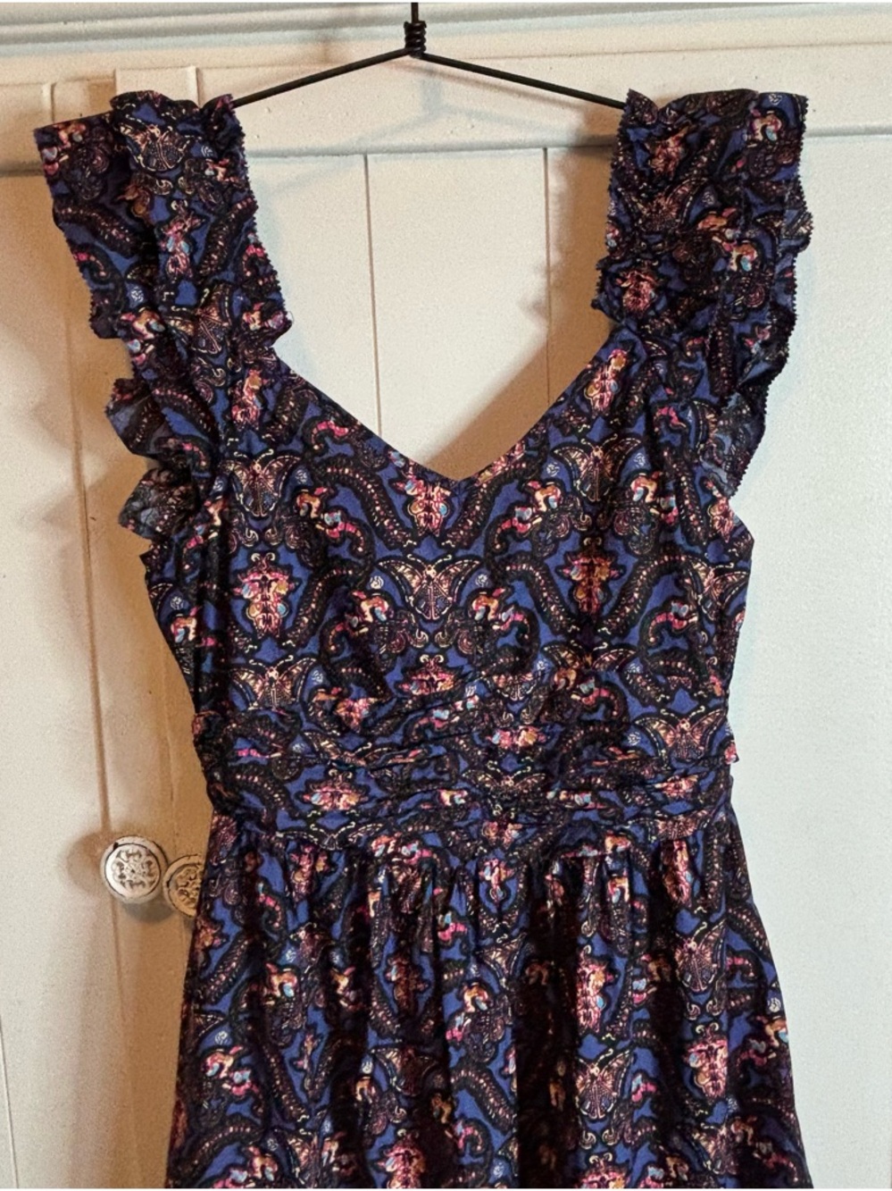 Caroline Constas Navy Pansy Print Maxi Dress Ruffle Strap Cotton S NWT - Picture 5 of 16